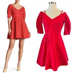 DEREK LAM 10 CROSBY Cotton Poplin Red Dress Off Shoulder Mini Puff Sleeves 4 EUC